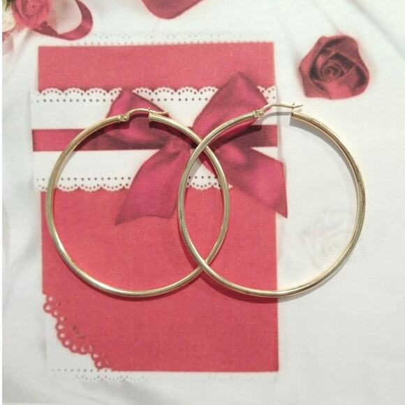 FAS 14k Yellow Gold 925 Sterling Silver Round Hoop Earrings Large Bold Signed - Picture 1 of 12